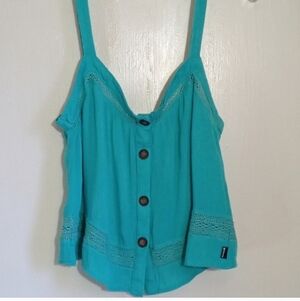 Hurley turquoise baby doll button down tank with crochet detail women size small